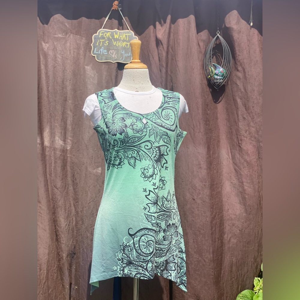 Juli Paisley Asymmetrical Tank Top - Jade Green & Black - Lace Back - Size M